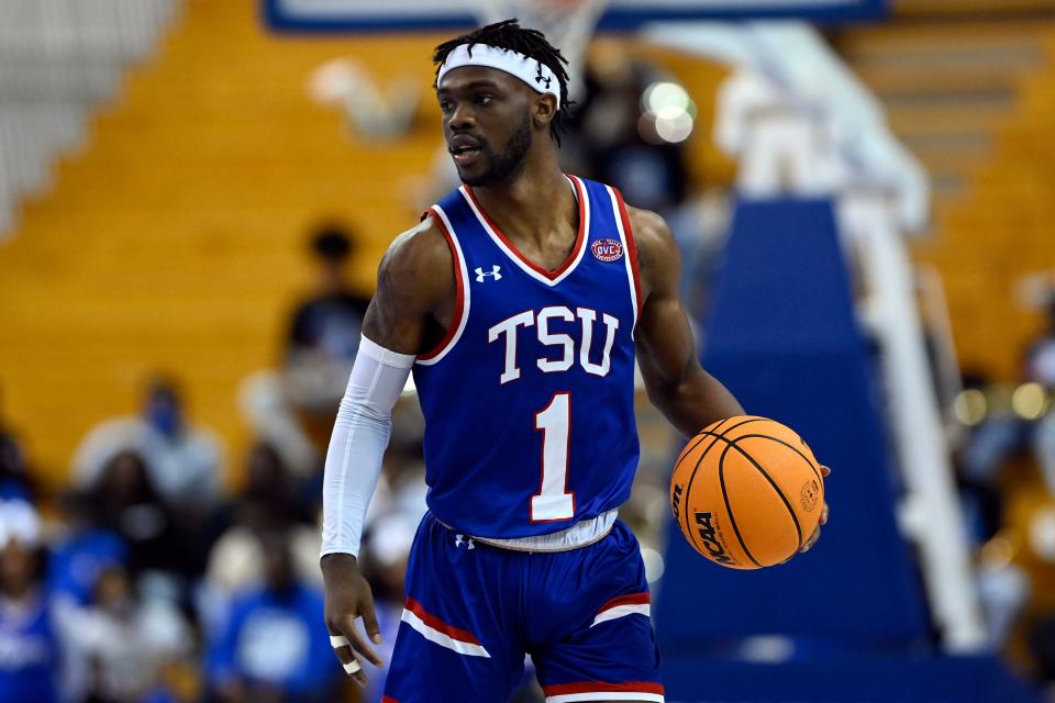 Tennessee State guard Marcus Fitzgerald Jr. (1) plays against Murray State during the second half of an NCAA college basketball game Thursday, Feb. 10, 2022, in Nashville, Tenn. Murray State won 73-62. (AP Photo/Mark Zaleski)