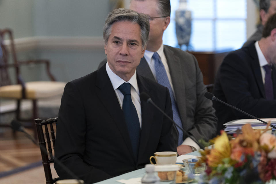 Secretary of State Antony Blinken during a bilateral meeting with Chinese Foreign Minister Wang Yi at the State Department in Washington, Friday, Oct. 27, 2023. (AP Photo/Jose Luis Magana)