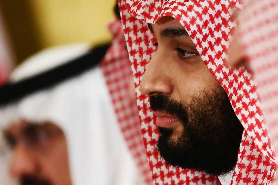 Saudi Arabia's Crown Prince Mohammed Bin Salman attends a working breafast with US President Donald Trump (not pictured) during the G20 Summit in Osaka on June 29, 2019. (Photo by Brendan Smialowski / AFP)        (Photo credit should read BRENDAN SMIALOWSKI/AFP/Getty Images)