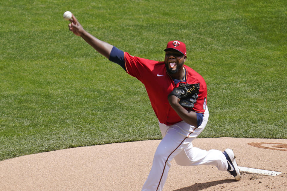 Minnesota Twins' pitcher Michael Pineda throws against the Texas Rangers in the first inning of a baseball game, Thursday, May 6, 2021, in Minneapolis. (AP Photo/Jim Mone)