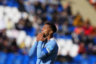 Uruguay's Fabricio Diaz reacts after missing a chance to score during a FIFA U-20 World Cup Group E soccer match against Tunisia at the Malvinas Argentinas stadium in Mendoza, Argentina, Sunday, May 28, 2023. (AP Photo/Natacha Pisarenko)