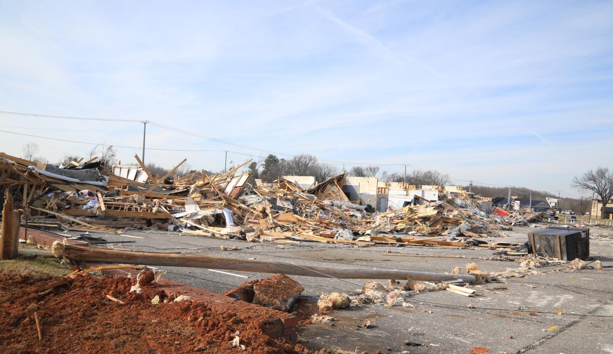 A 2019 Fort Campbell Boulevard strip center that housed Redwood Chinese Restaurant, Sun Tan City, Luigi's Pizza and more was totally destroyed by an EF-3 tornado in Clarksville on Dec. 9. The structures lay in waste on Dec. 13, 2023.