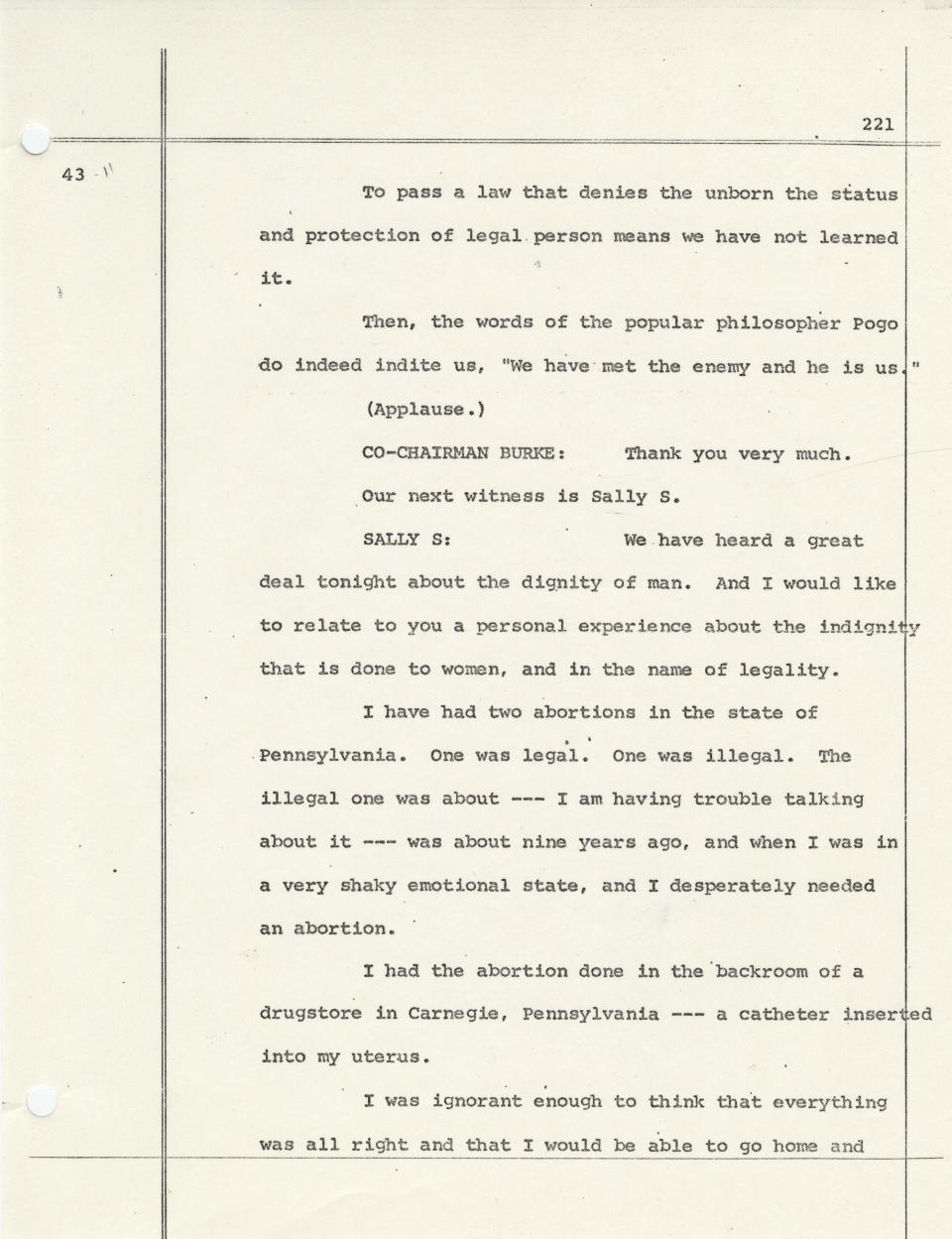 Transcript of Sally S.'s testimony delivered at the Pennsylvania Abortion Law Commission meeting in Pittsburgh, March 14, 1972.