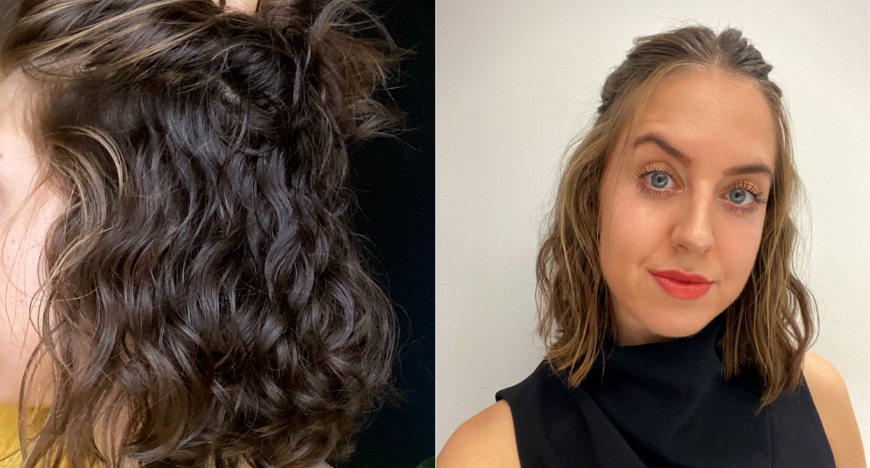 split screen of woman's curly brown hair and brunette woman wearing black top and red lipstick with curly brown hair half up and half down