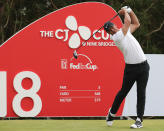 Brooks Koepka of the United States watches his shot on the 18th hole during the final round of the CJ Cup PGA golf tournament at Nine Bridges on Jeju Island, South Korea, Sunday, Oct. 21, 2018. (Park Ji-ho/Yonhap via AP)