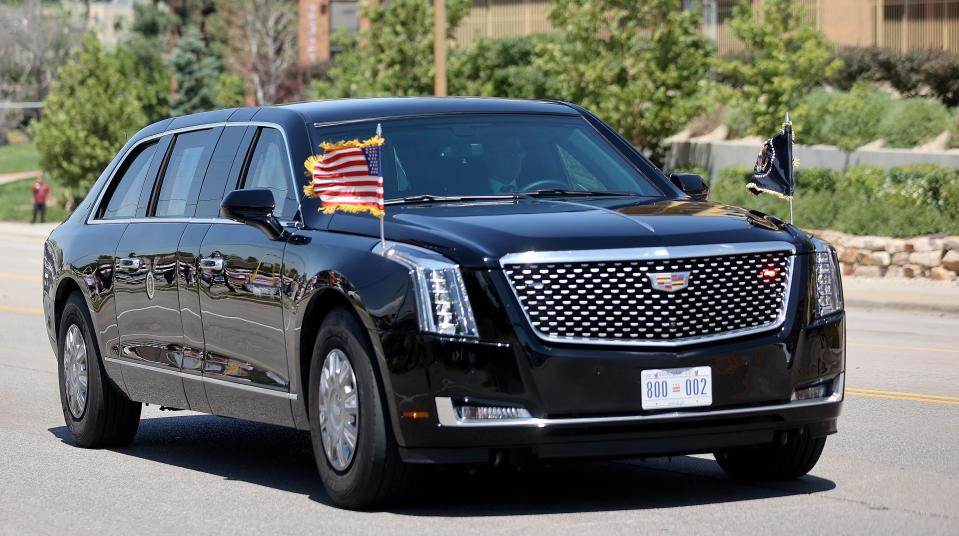 A motorcade escorts President Joe Biden on Foothill Drive in Salt Lake City, traveling from the George E. Wahlen Department of Veterans Affairs Medical Center to Park City, on Thursday, Aug. 10, 2023. | Kristin Murphy, Deseret News