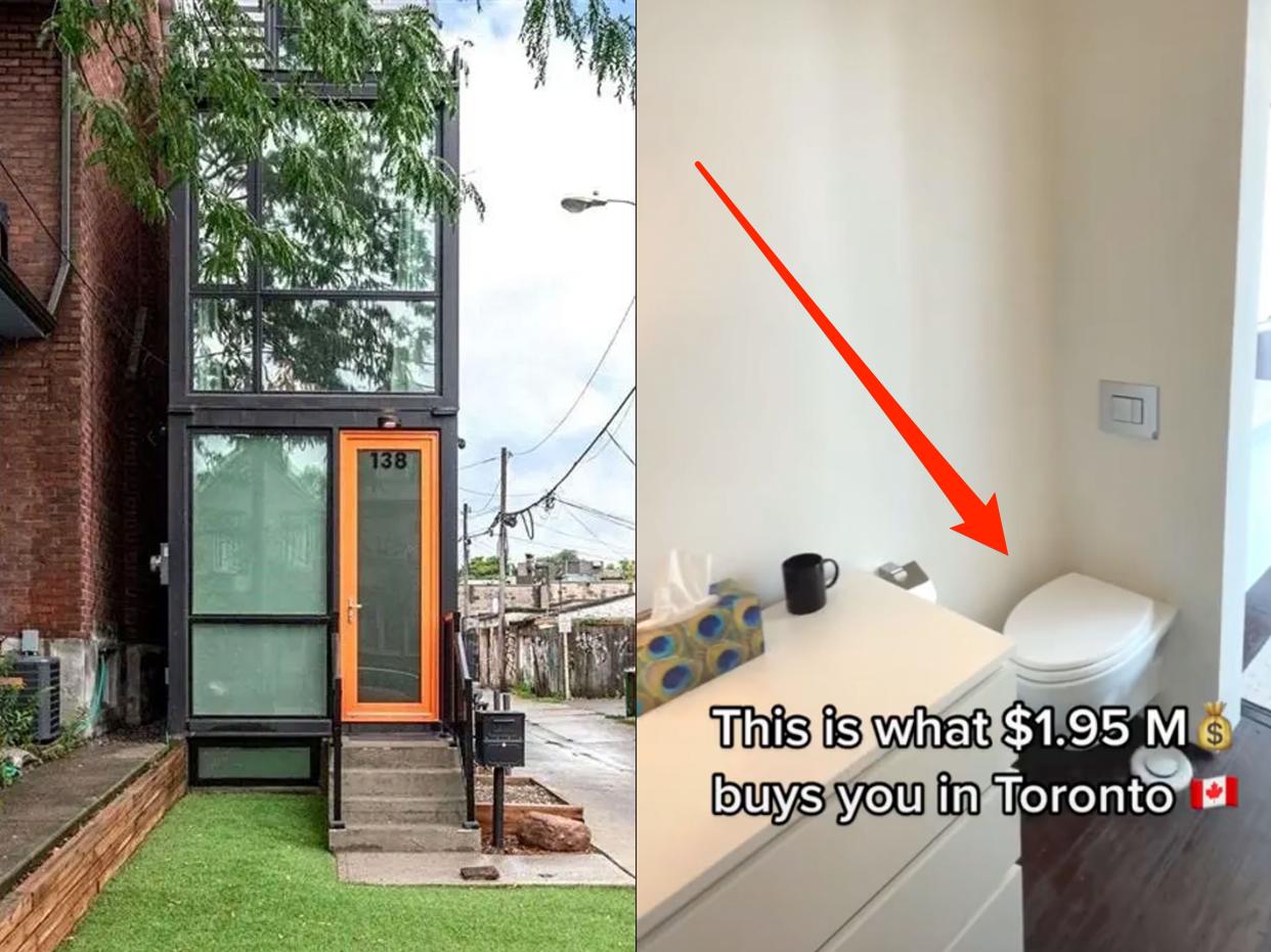 A side-by-side of the Toronto 8-feet-wide house front and a screenshot of @realtor.nero's TikTok showing the toilet in the bedroom.