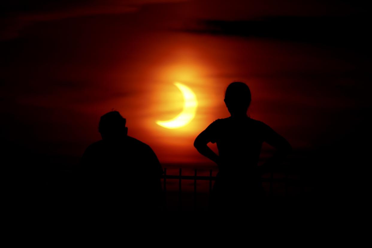 NEW YORK, USA - JUNE 10: Solar eclipse is seen during early hours of morning in New York, United States on June 10, 2021. (Photo by Islam Dogru/Anadolu Agency via Getty Images)