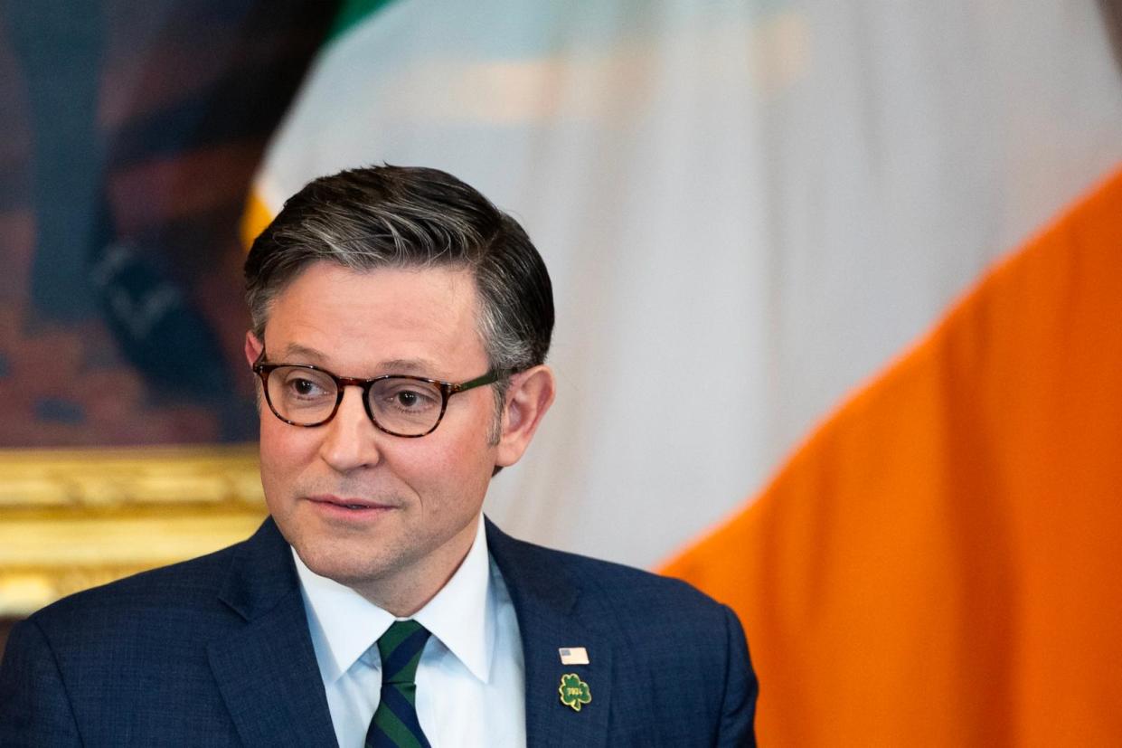 PHOTO: U.S. House Speaker Mike Johnson speaks during The Friends Of Ireland Speaker Luncheon on March 15, 2023 in Washington, DC. (Tom Brenner/Getty Images)