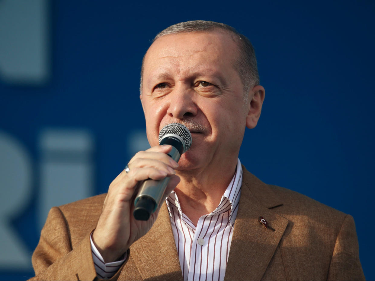 ‘I am calling to all my citizens from here to never help French brands or buy them,’ said Recep Tayyip Erdogan (AP)