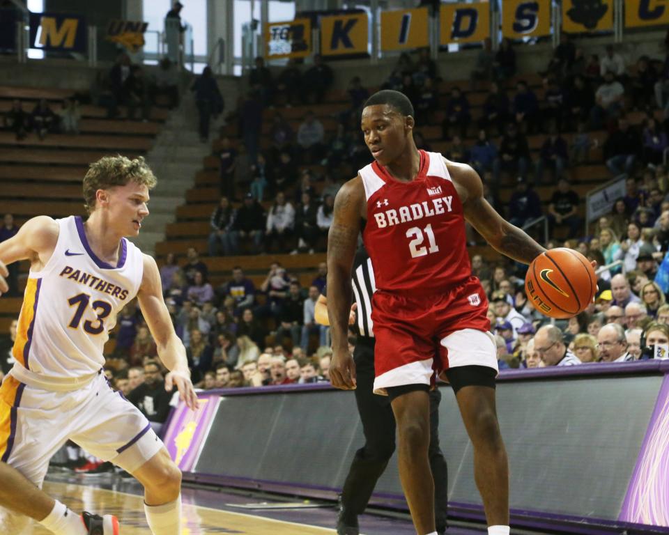 Bradley Braves guard Duke Deen works against Northern Iowa scoring leader Bowen Born during BU's 77-69 win in a Missouri Valley Conference game at McLeod Center in Cedar Falls, Iowa on Saturday, Feb. 4, 2023.