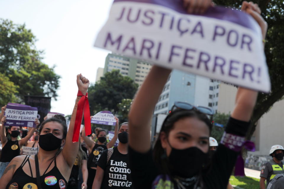 People take part in a protest for justice for rape victims and justice for Mariana Ferrer, who was verbally attacked by a defendant&#39;s attorney during a rape trial in which the defendant was later acquitted, in Sao Paulo, Brazil November 8, 2020. REUTERS/Amanda Perobelli