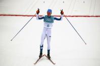 Cross-Country Skiing - Pyeongchang 2018 Winter Olympics - Men's 50km Mass Start Classic - Alpensia Cross-Country Skiing Centre - Pyeongchang, South Korea - February 24, 2018 - Gold medallist Iivo Niskanen of Finland reacts. REUTERS/Carlos Barria