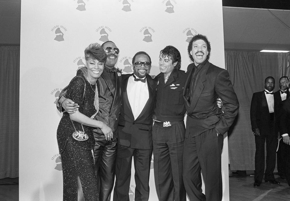 From left Dionne Warwick, Stevie Wonder, Quincy Jones, Michael Jackson and Lionel Richie after “We Are the World” won four Grammy Awards in 1986.