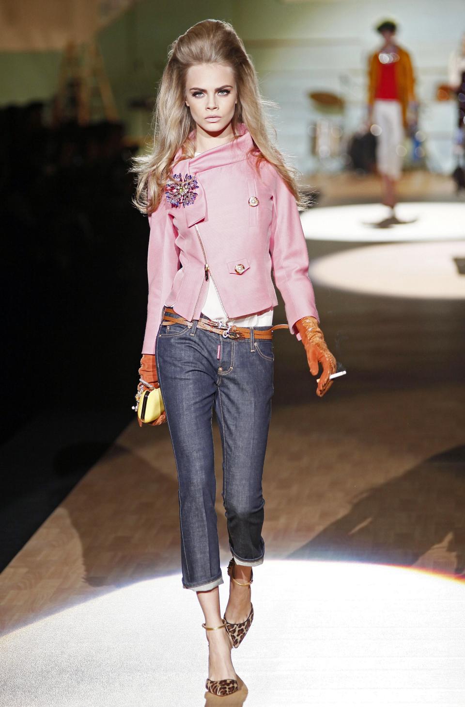 A model wears a creation part of the DSquared2 women's Fall-Winter 2012-13 fashion collection, during the fashion week in Milan, Italy, Monday, Feb. 27, 2012. (AP Photo/Antonio Calanni)