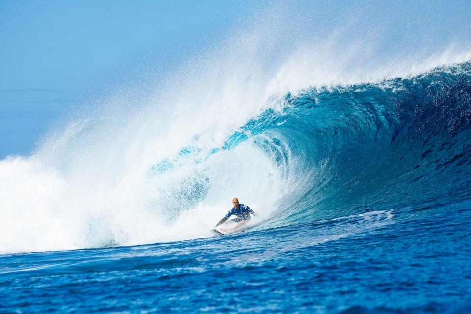 Eleven-time WSL Champion Kelly Slater of the United States surfs in Heat 5 of the Elimination Round at the SHISEIDO Tahiti Pro on Aug. 15, 2023 at Teahupoʻo, Tahiti, French Polynesia.