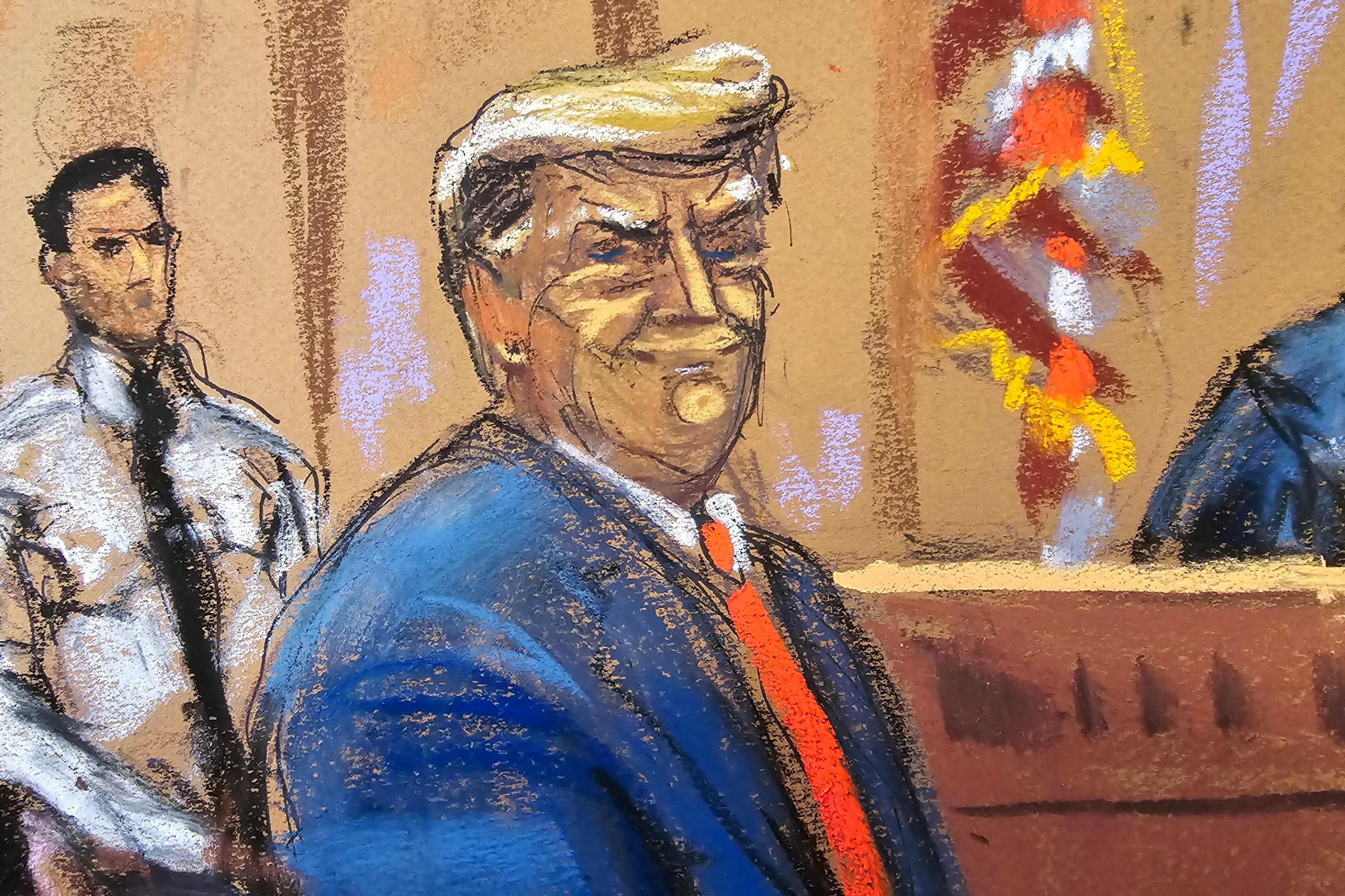 Former President Donald Trump smiles to the jury pool as he is introduced to them at the beginning of his hush money trial on April 15, in this courtroom sketch. (Jane Rosenberg/Reuters)