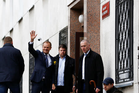 Donald Tusk, the President of the European Council waves as he arrived at the prosecutor office in Warsaw, Poland April 19, 2017. REUTERS/Kacper Pempel
