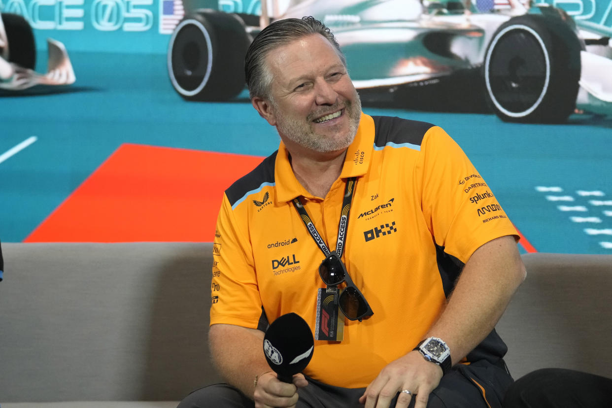 McLaren CEO Zak Brown speaks during a news conference in advance of the Formula One Miami Grand Prix auto race, Friday, May 5, 2023, at the Miami International Autodrome in Miami Gardens, Fla. (AP Photo/Lynne Sladky)