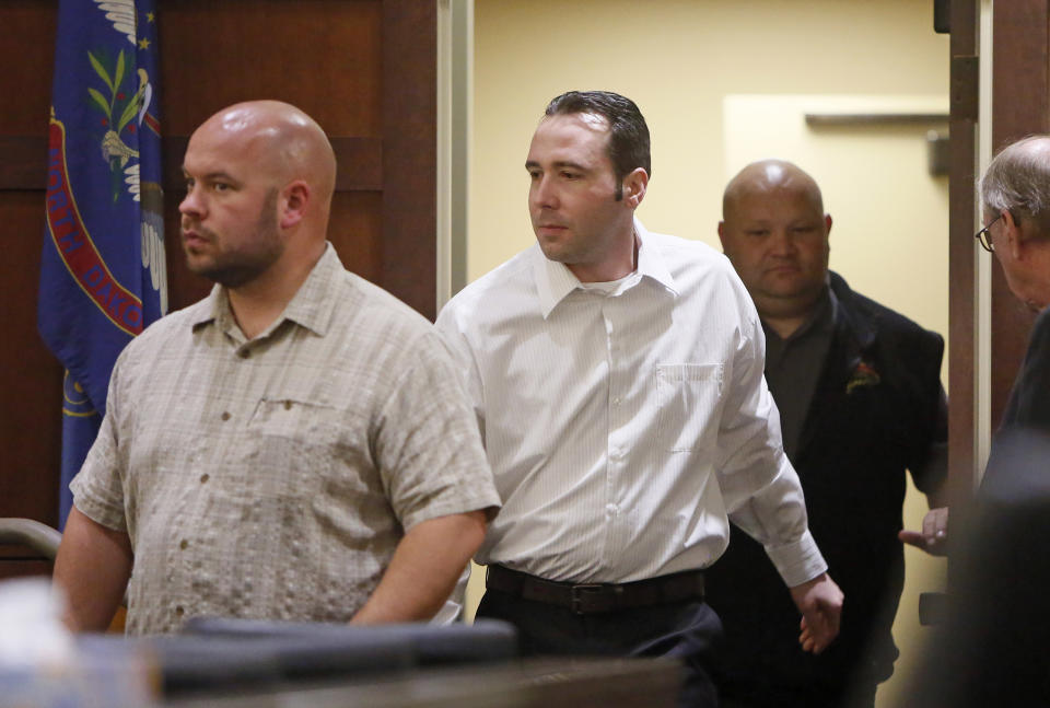 William Hoehn enters the courtroom on Wednesday, Sept. 26, 2018, in Cass County District Court in Fargo, N.D., during his trial on a charge of conspiring to murder Savanna LaFontaine-Greywind, whose baby was cut from her womb. (David Samson/The Forum via AP, Pool)