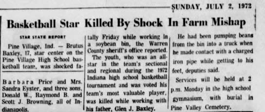 An article in the July 2, 1972 Indianapolis News on the death of Brutus Baxley.
