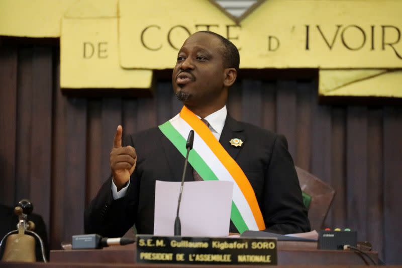 FILE PHOTO: Ivory Coast parliament speaker Guillaume Soro speaks at the National Assembly in Abidjan