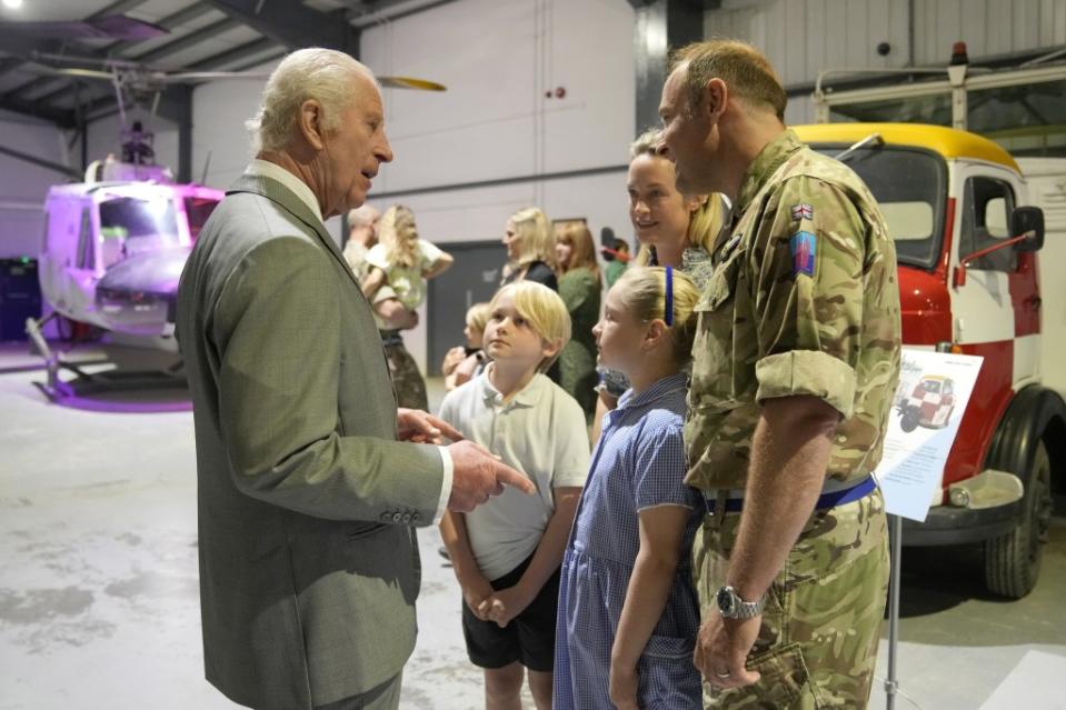 King Charles III visits the Army Aviation Centre in Middle Wallop, England, on May 13, 2024. Kin Cheung/WPA Pool/Shutterstock