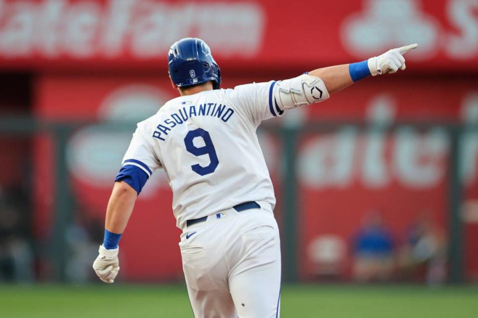 Kansas City Royals first baseman Vinnie Pasquantino points to the outfield fence as he rounds the bases after hitting a home run during the fourth inning of Monday’s game against the Miami Marlins at Kauffman Stadium.