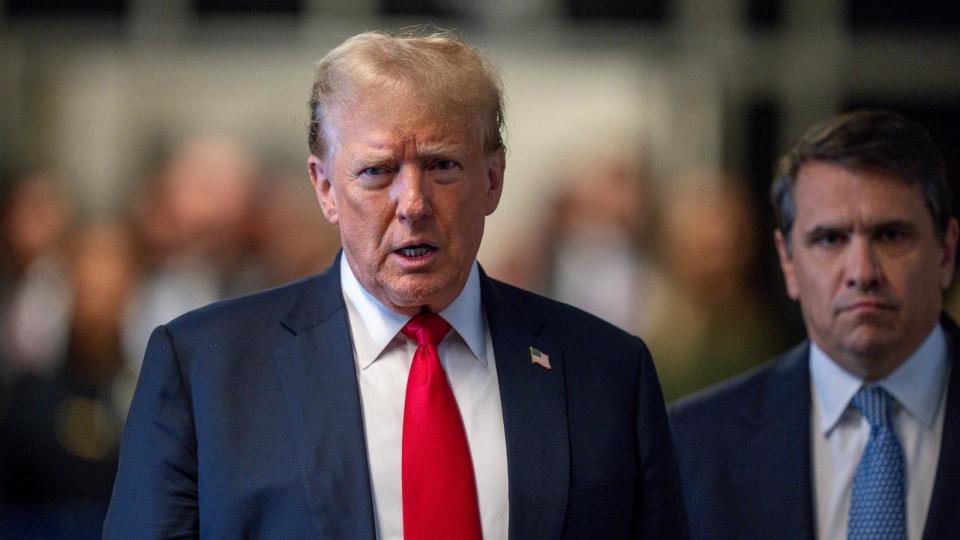 PHOTO: Former President Donald Trump speaks to the media on the day of his trial at Manhattan Criminal Court in New York, May 28, 2024.  (Steven Hirsch/Pool via Reuters)