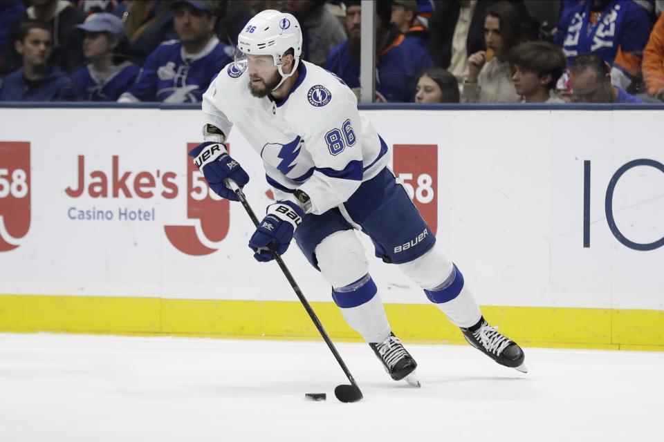 Tampa Bay Lightning's Nikita Kucherov (86) looks to pass the puck during the second period of the team's NHL hockey game against the New York Islanders on Friday, Nov. 1, 2019, in Uniondale, N.Y. (AP Photo/Frank Franklin II)