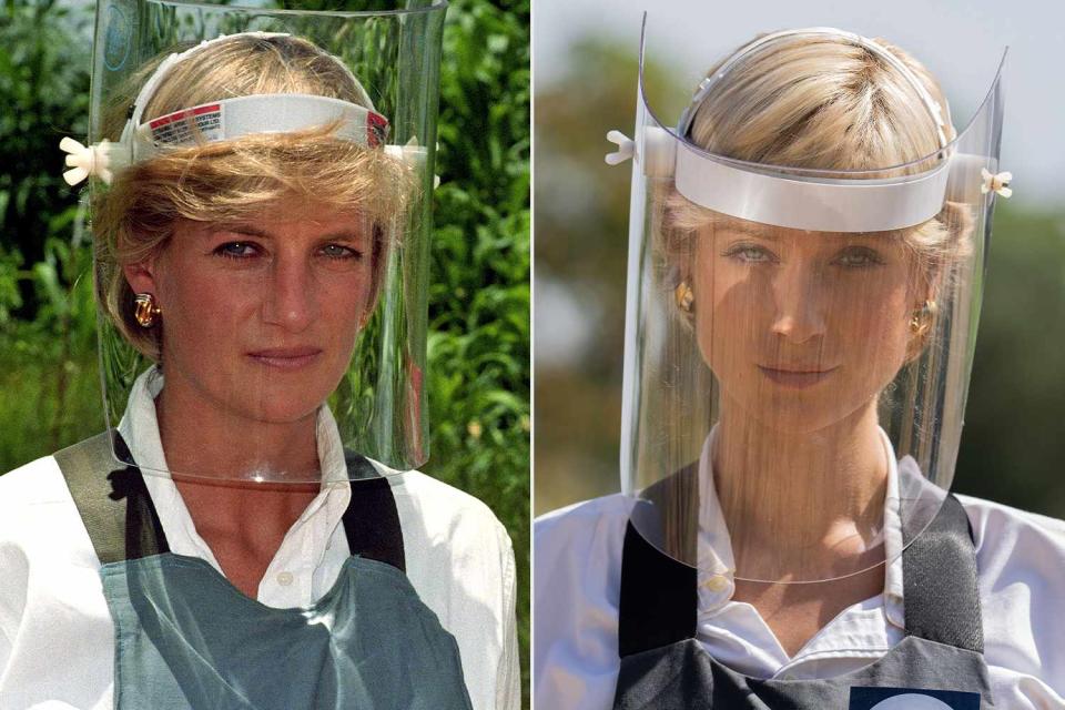 <p>John Stillwell - PA Images/PA Images via Getty; Courtesy Netflix</p> Princess Diana (left) and Elizabeth Debicki (right) reenacting Diana