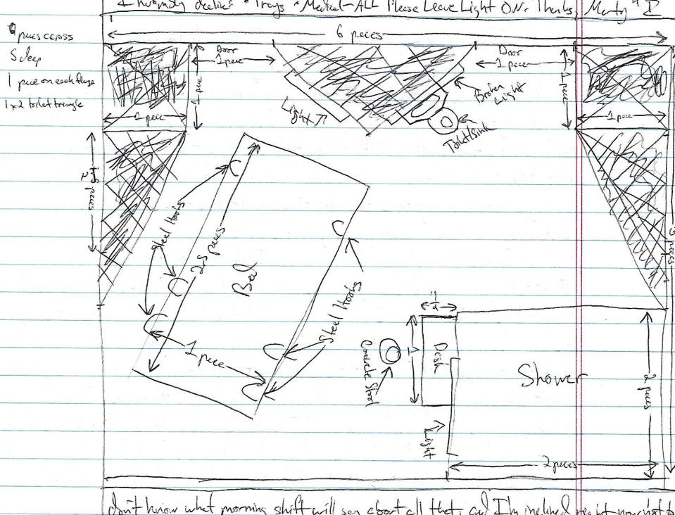 A sketch of the cell layout in the MCC 10-South Unit made by Marty Gottesfeld during his time at the MCC. (Photo: courtesy of Dana Gottesfeld)