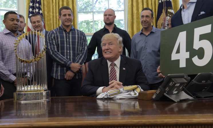 The Cubs visit to the White House nearly ended in outrage. (AP Photo)