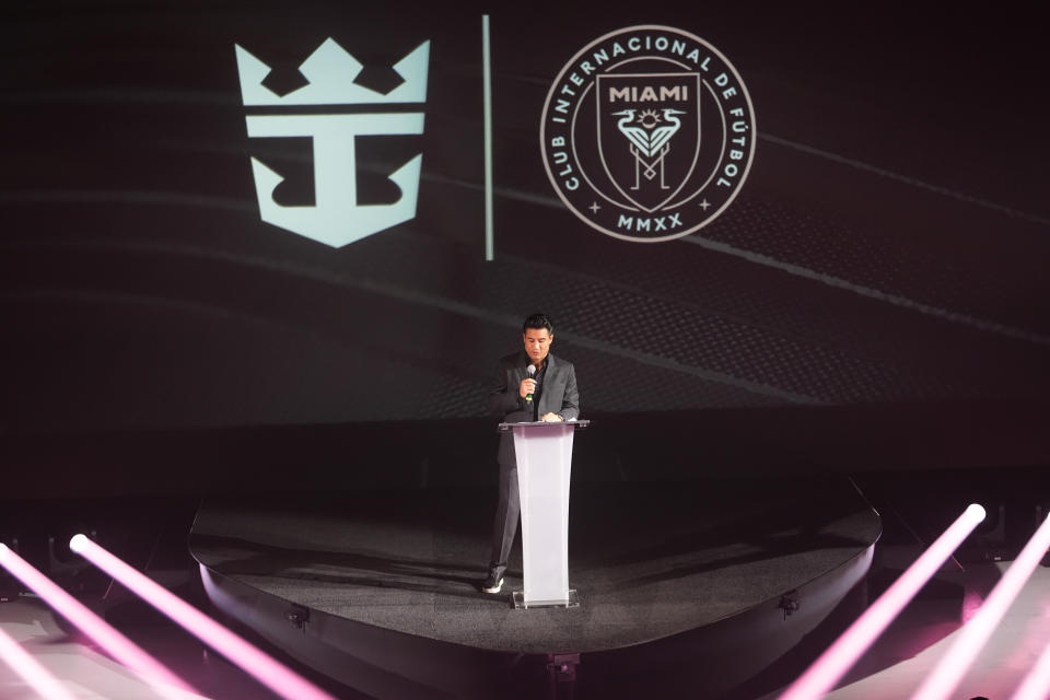 Television host Mario Lopez speaks during an event on the world's largest cruise ship Icon of the Seas, Tuesday, Jan. 23, 2024, in Miami. The MLS soccer team Inter Miami CF has formed a partnership with the cruise line Royal Caribbean International. (AP Photo/Lynne Sladky)