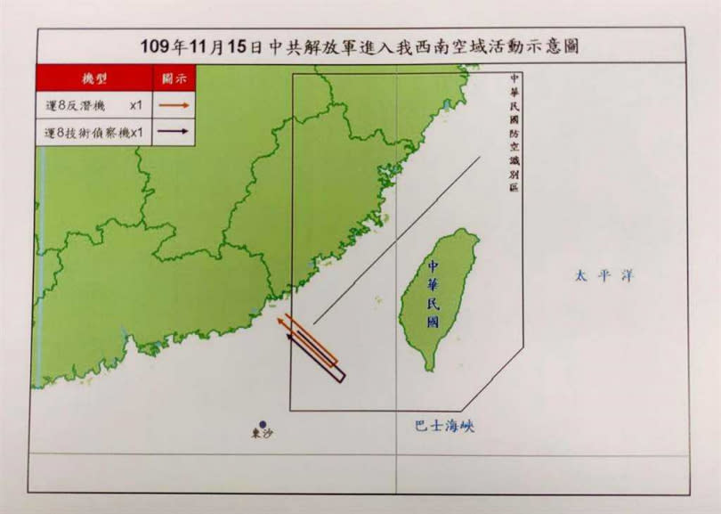 共機進入我西南防空識別區示意圖。（圖／國防部提供）