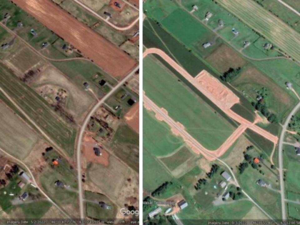 Before and after: Images from Google Earth showing parcels of land where a new subdivision is under construction. The left image is from May 2022; the image on the right is from September 2022. (Rural Municipality of West River/Google Earth - image credit)