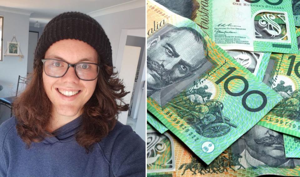 Headshot of Henry with long hair and a beanie next to a image of Australian $100 notes