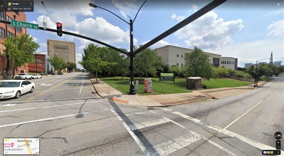 A view of the corner lot of the Spartanburg Public Library at South Church and Broad streets where a planetarium is planned to be built.