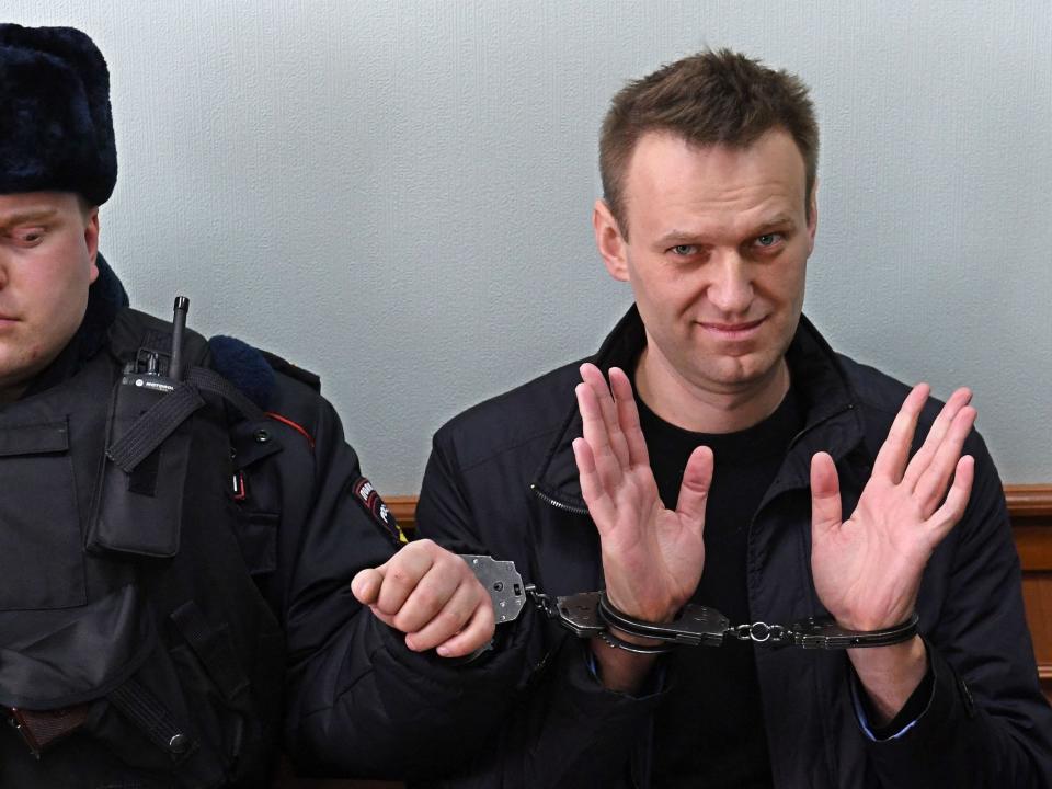 Alexei Navalny gestures with his hands up while wearing handcuffs sitting next to Russian law enforcement.