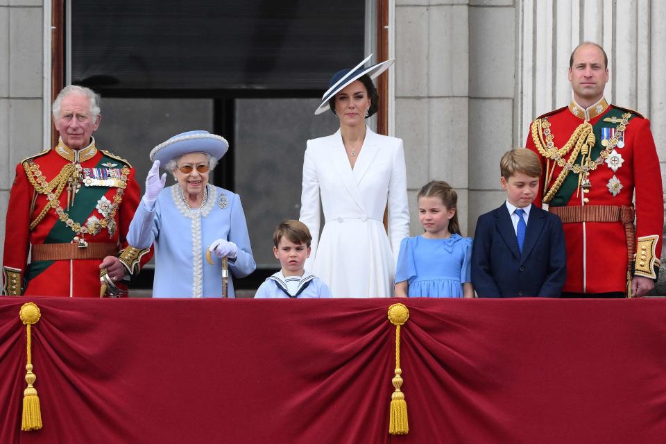 Late Queen Elizabeth II with King Charles III, Prince Louis, Princess Kate, Princess Charlotte, Prince George and Prince William during the Trooping the Colour parade.
