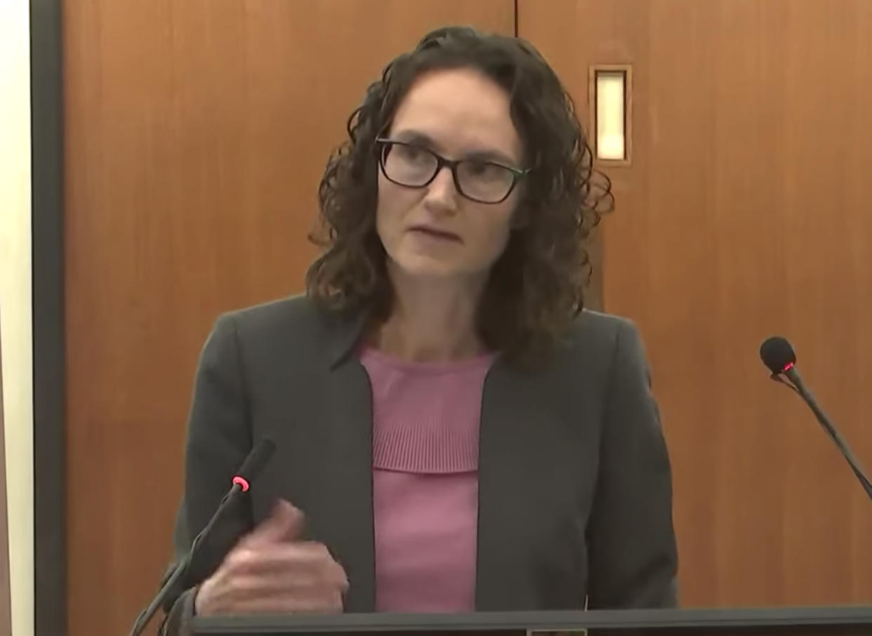 In this screen grab from video, Assistant Attorney General Erin Eldridge questions a witness, as Hennepin County Judge Regina Chu presides over court Monday, Dec. 13, 2021, in the trial of former Brooklyn Center police Officer Kim Potter in the April 11, 2021, death of Daunte Wright, at the Hennepin County Courthouse in Minneapolis, Minn. (Court TV via AP, Pool)