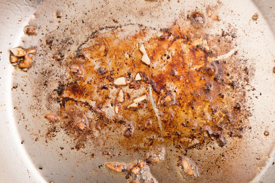 Frying pan with browned food residue.