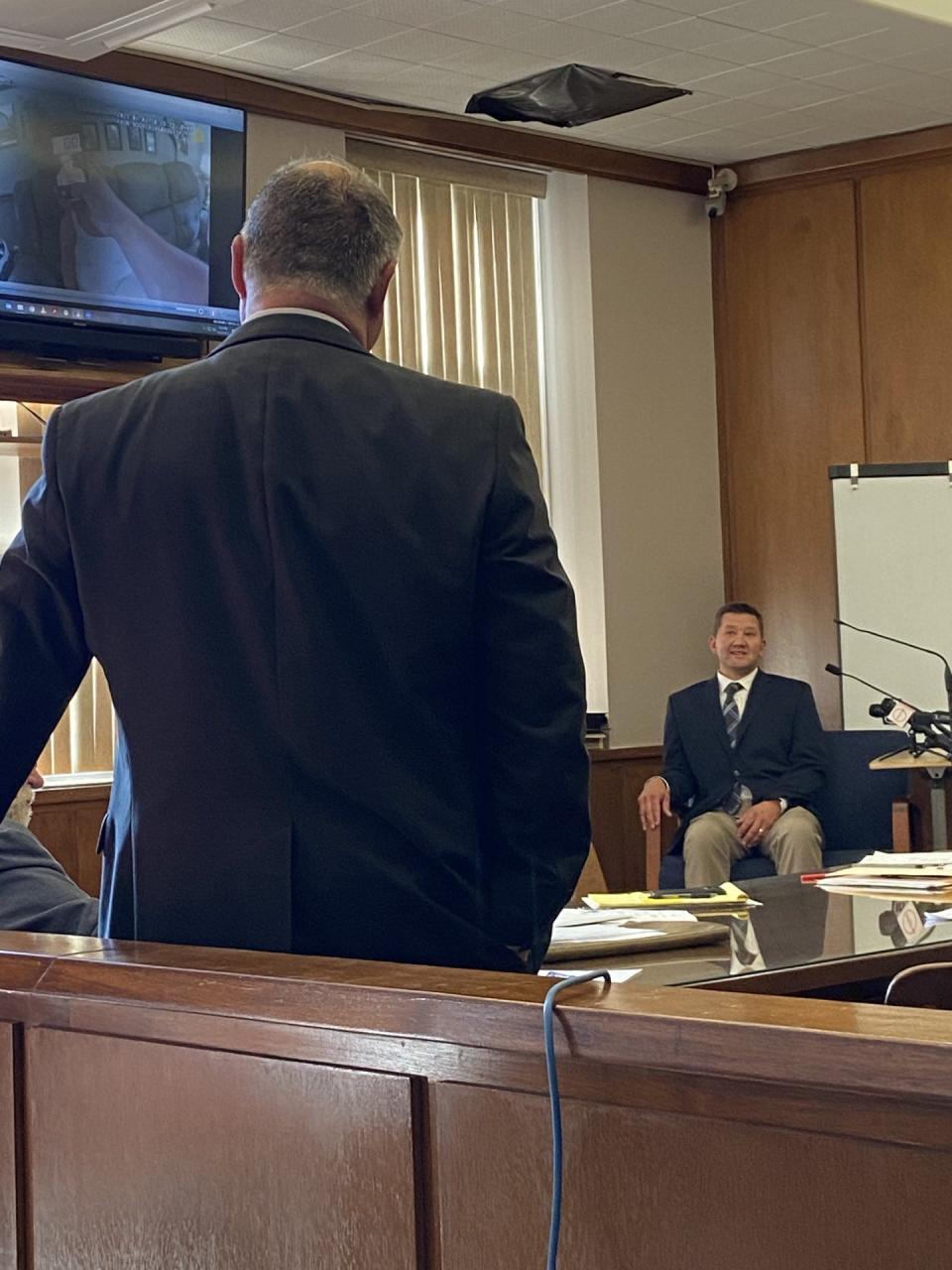 Attorney John Greven questions former state Rep. Bob Young during Young's bench trial Tuesday in Barberton court for domestic violence and assault charges involving incidents with his wife and brother.