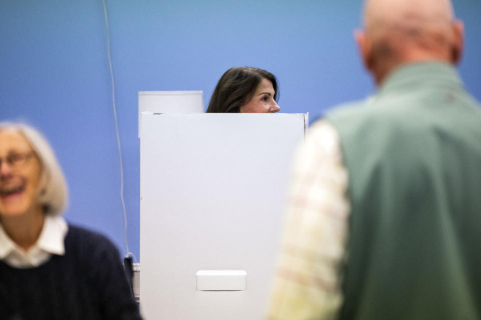 Carolyn Carluccio, Republican Pennsylvania Supreme Court candidate, casts a ballot on Election Day at the Wissahickon Valley Public Library in Blue Bell, Pa. on Tuesday, Nov. 7, 2023. (AP Photo/Joe Lamberti)