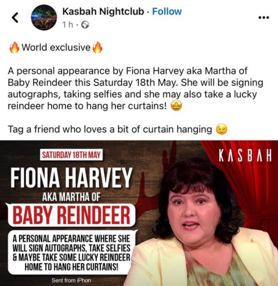 A Facebook post by Kasbah Nightclub advertising an appearance by Fiona Harvey.
