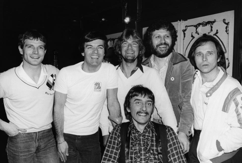 Peter Powell pictured with Tony Blackburn, Noel Edmonds, Dave Lee Travis and Paul Burnette in 1981.