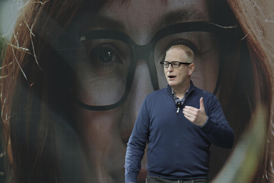 Dave Limp, senior vice president for Amazon devices & services, wears a pair of Echo Frames - eyewear enabled with the company's Alexa personal assistant technology, as he speaks Wednesday, Sept. 25, 2019, during an event in Seattle. The glasses are considered an emerging technology device and will be be available for purchase by customers who are invited to buy them. (AP Photo/Ted S. Warren)