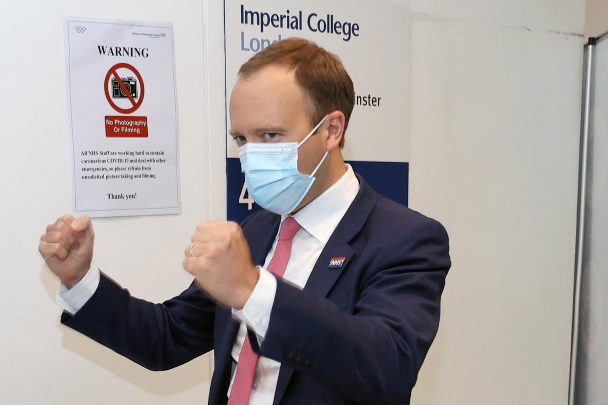 Britain's Health Secretary Matt Hancock gestures during a tour of Chelsea and Westminster hospital in London, Britain June 17, 2021. Steve Reigate/Pool via REUTERS