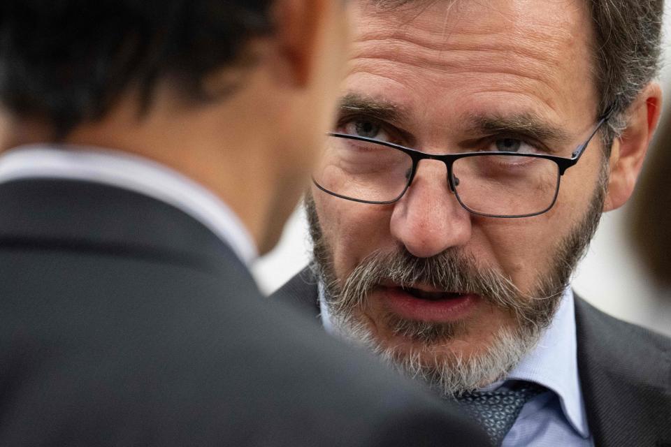 International Monetary Fund (IMF) Chief Economist Pierre-Olivier Grinchat (right) speaks with IMF Deputy Director of Research Giovanni DellaRiccia ( left).  , November 9, 2023.  (Photo by: Jim WATSON/AFP) (Photo by: JIM WATSON/AFP, Getty Images)