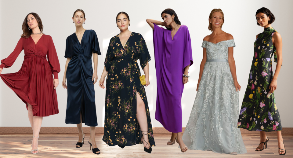 six women wearing mother of the bride and groom dresses for spring and summer weddings: red dress, navy dress, floral dress, purple dress, off-the-shoulder ice blue dress